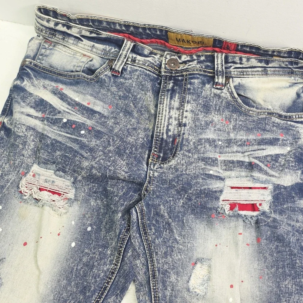 Makobi Biker Jeans Men's Size 36x32 Acid Wash Distressed Paint Splatter Moto